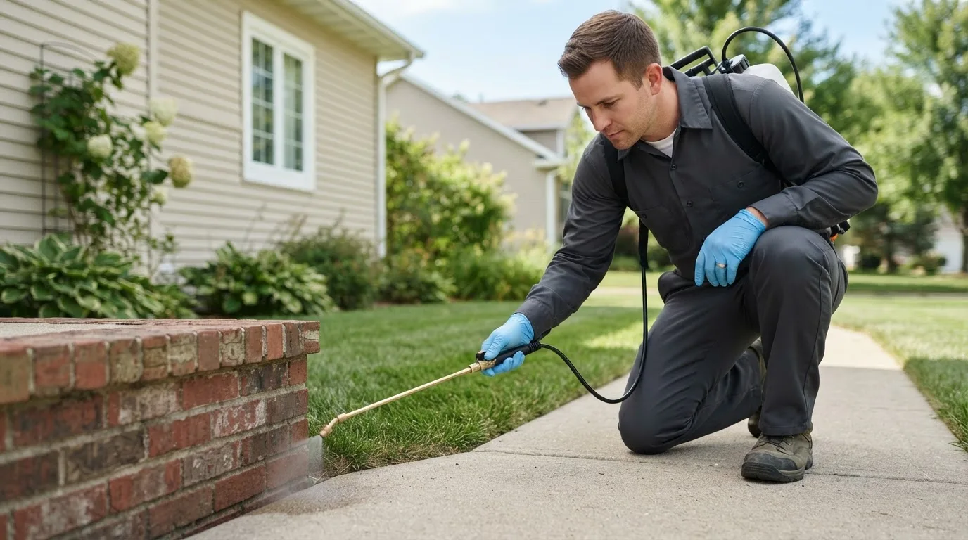 Pest control technician treating a home near Rush, CO